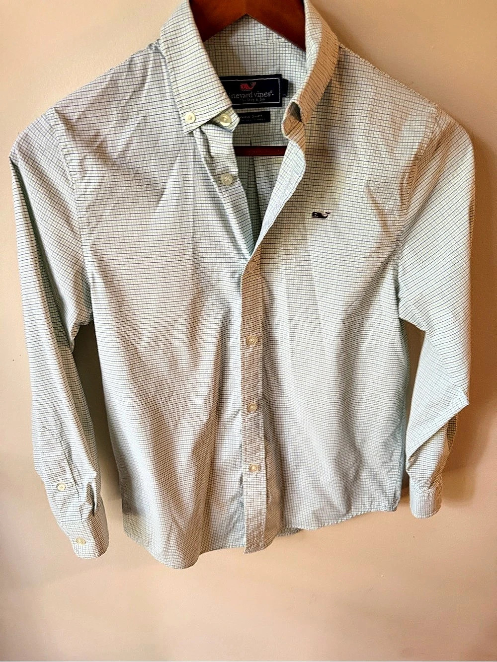 vineyard vines Whale Shirt Checkered Button Down White & Green Boys Small
